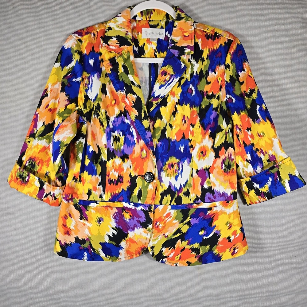 Erin London Women's Blazer M Multicolor Abstract Floral Ikat Print‎ Cropped...